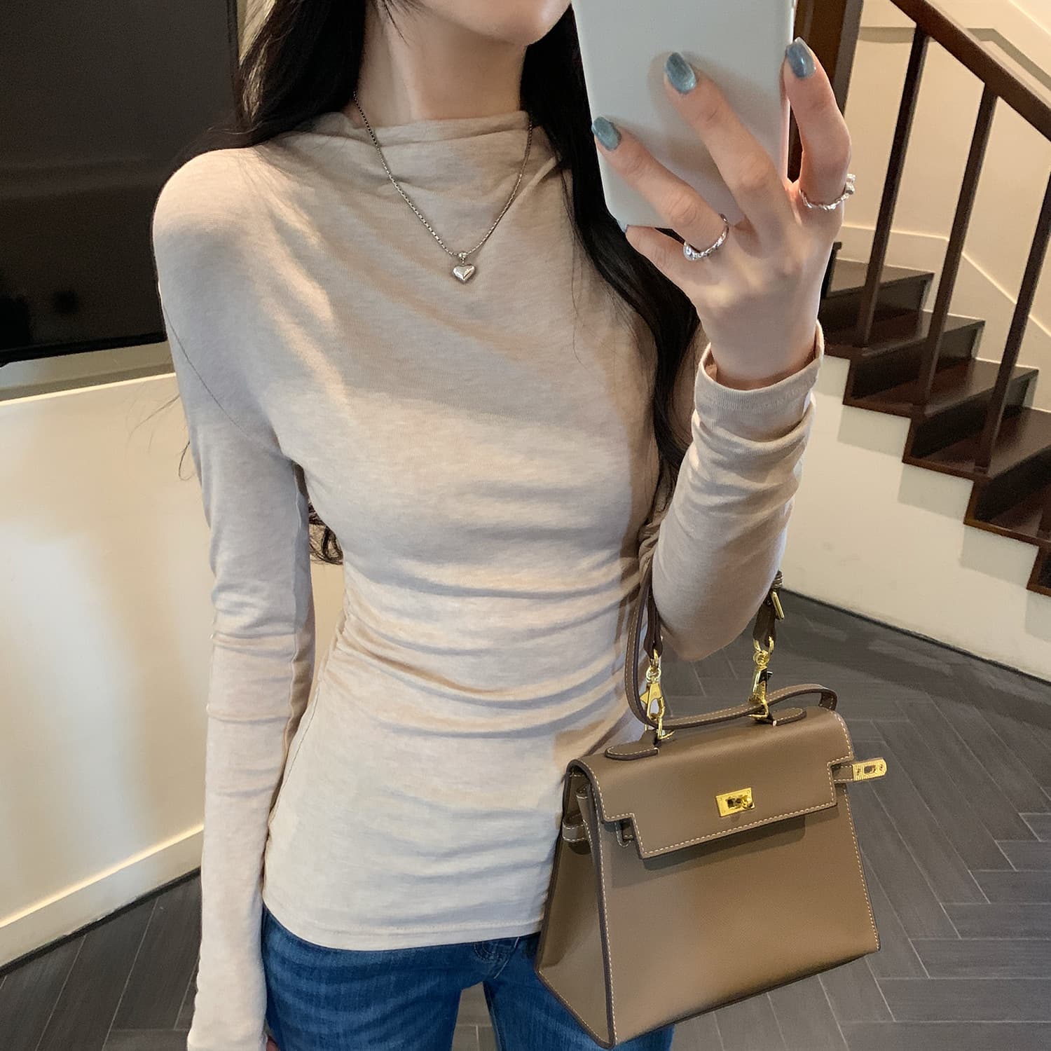 Basic Solid Long Sleeve Base Top for Women 2025 Fall/Winter Pleated Slim Fit Inner Layering Stylish Top