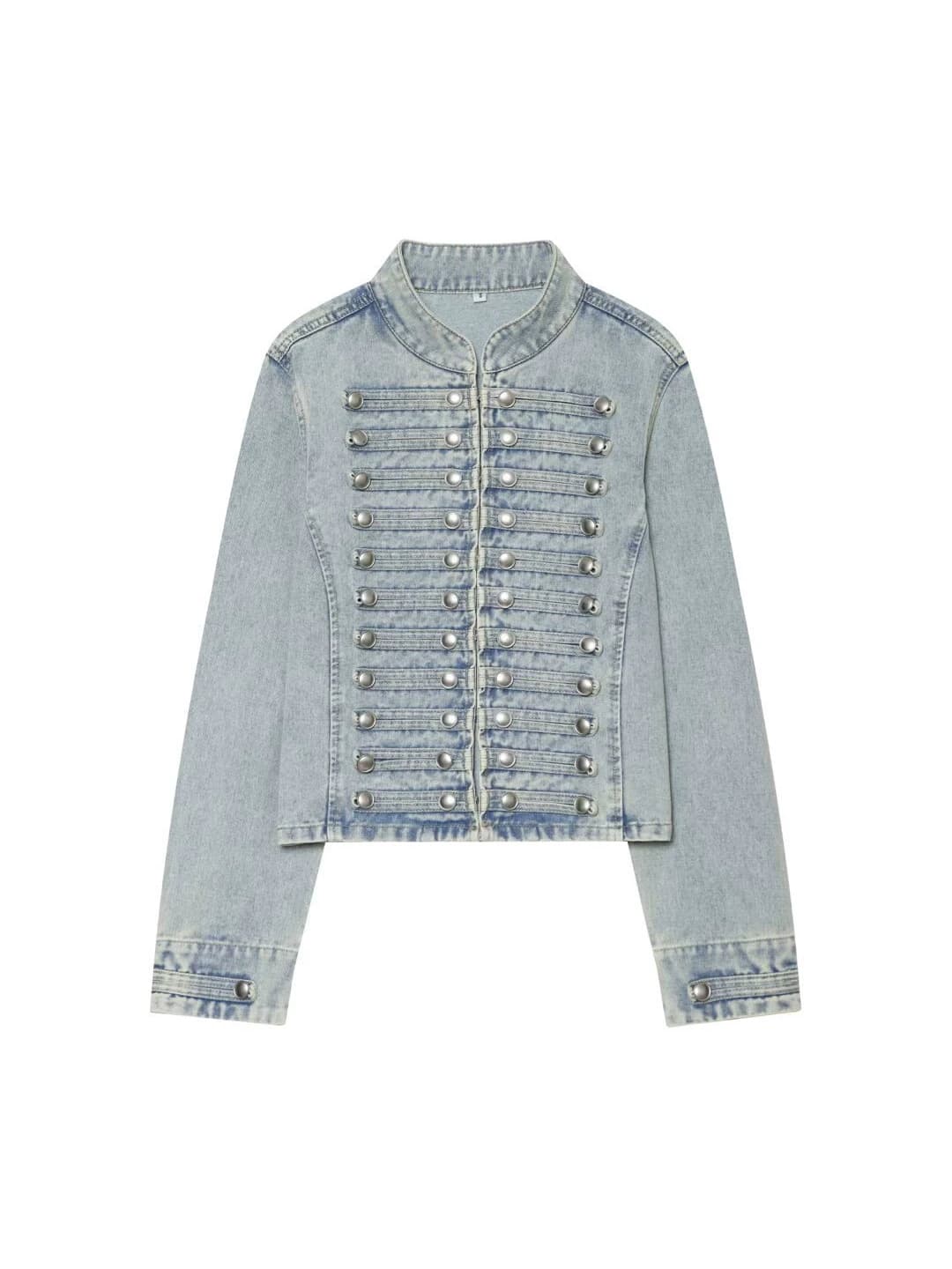 Cross-border Women's Handcrafted Button Design American Cool Stand Collar Structured Shoulder Waist-Defining Washed Denim Jacket