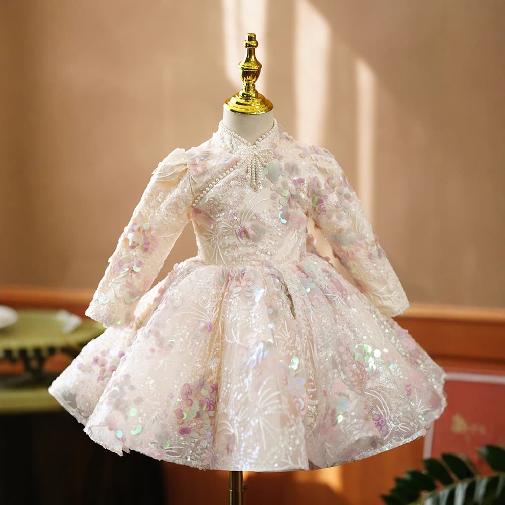 New Birthday Flower Girl Dress for Toddler Girls, Little Girl Sequined Princess Dress for Hosting Piano Performance