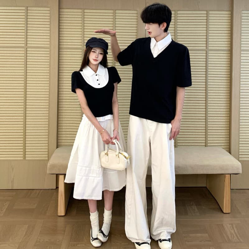 2026 Summer Couple Outfits Women's College Style Black and White Color Matching Fake Two-piece T-shirt and Half Skirt Suit