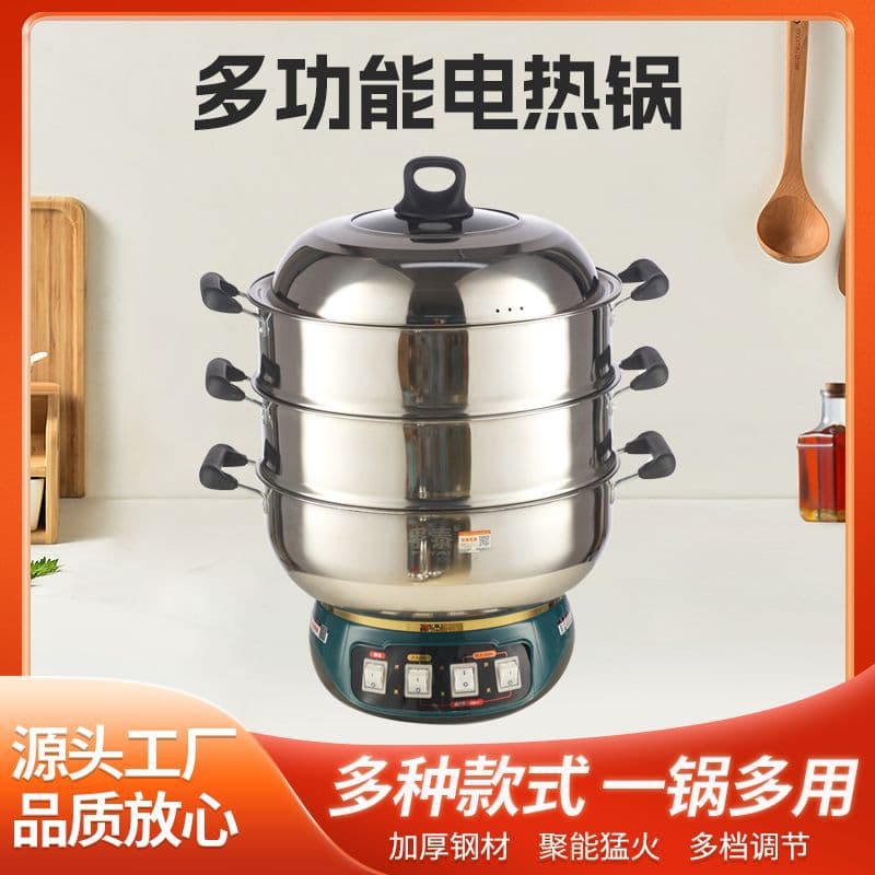Multi-functional Electric Hot Pot, Household Electric Steamer without Coating, Auto Shut-off when Dry, High Power for Steaming Dishes and Buns