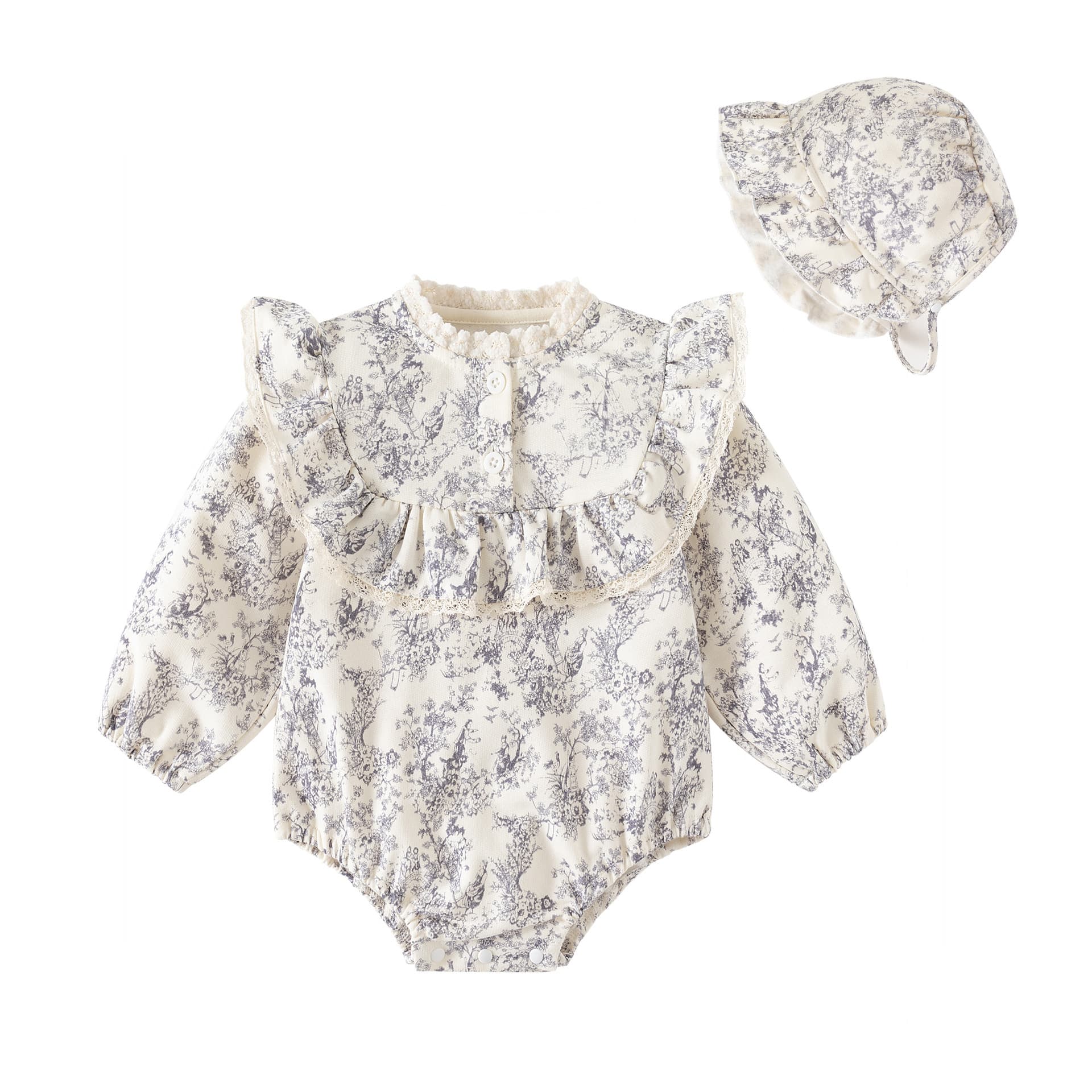 Baby Girls Autumn Winter Romper Bodysuit Chinese Ink Painting Style Brushed Fleece Lined One-Piece Outfit