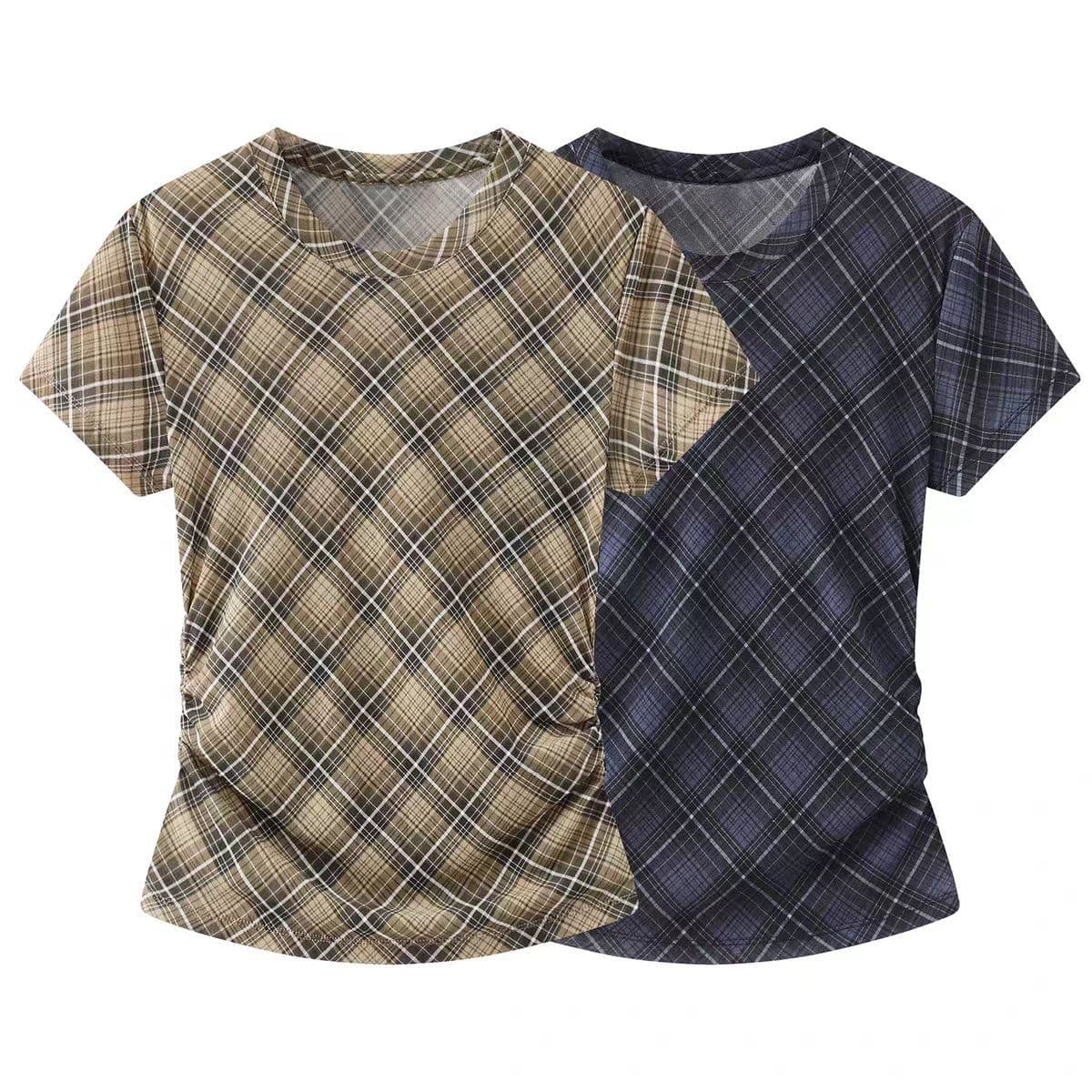 In Stock 2026 Summer New Retro Plaid Lightweight Breathable Pleated Slim Fit Short Sleeve T-Shirt for Women MBF2TOP059
