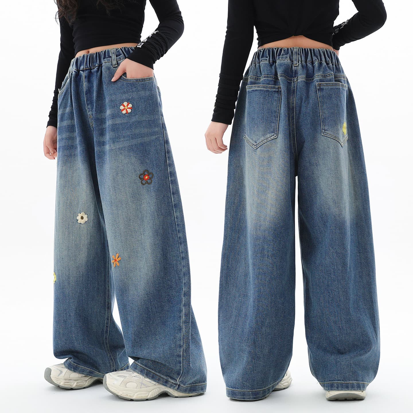 Junior Girls' Jeans Spring Autumn Loose Straight Leg Pants for Teenagers Big Girls