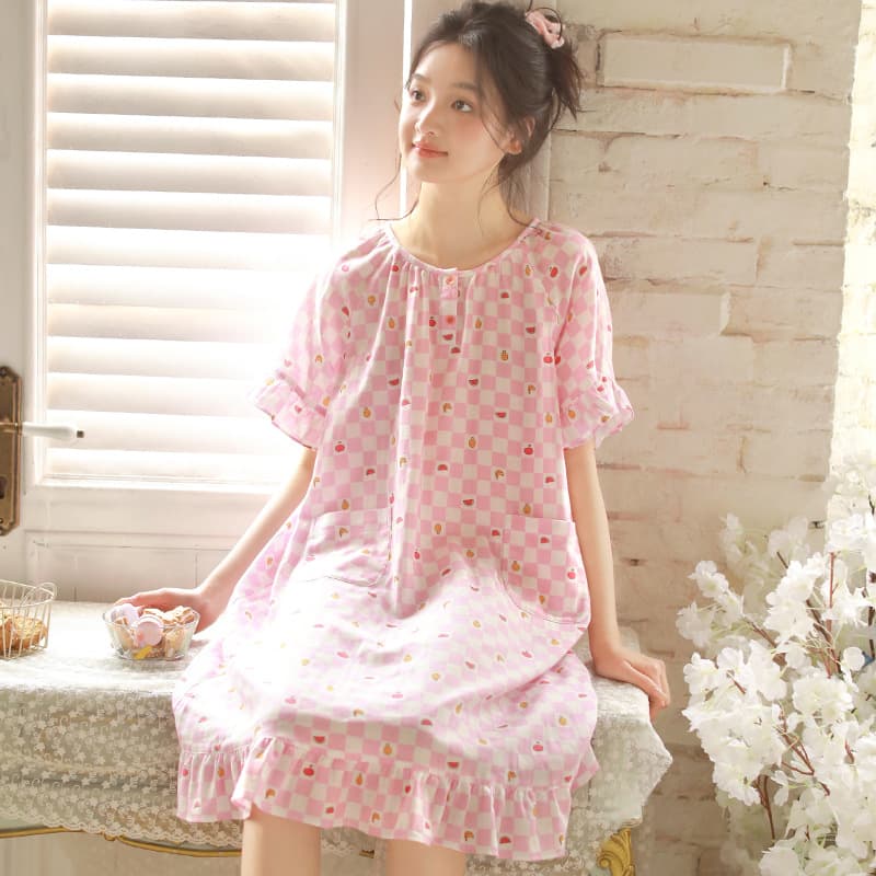 Summer New Women's Pajamas Pure Cotton Gauze Sweet Girl Summer Thin Wearable Printed Home Sleep Dress 50