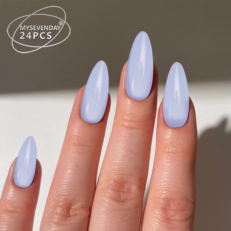 Xiyin Hot Selling Wearable Nails Sky Blue Solid Color Nail Tips Finished 24 Pieces Cross-border Wearable Almond Nails