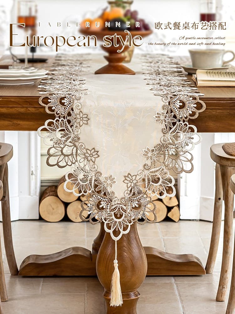 European Lace Embroidered Table Runner French Long Chest Cover Vintage Light Luxury Placemat Table Cloth Medieval Style 25