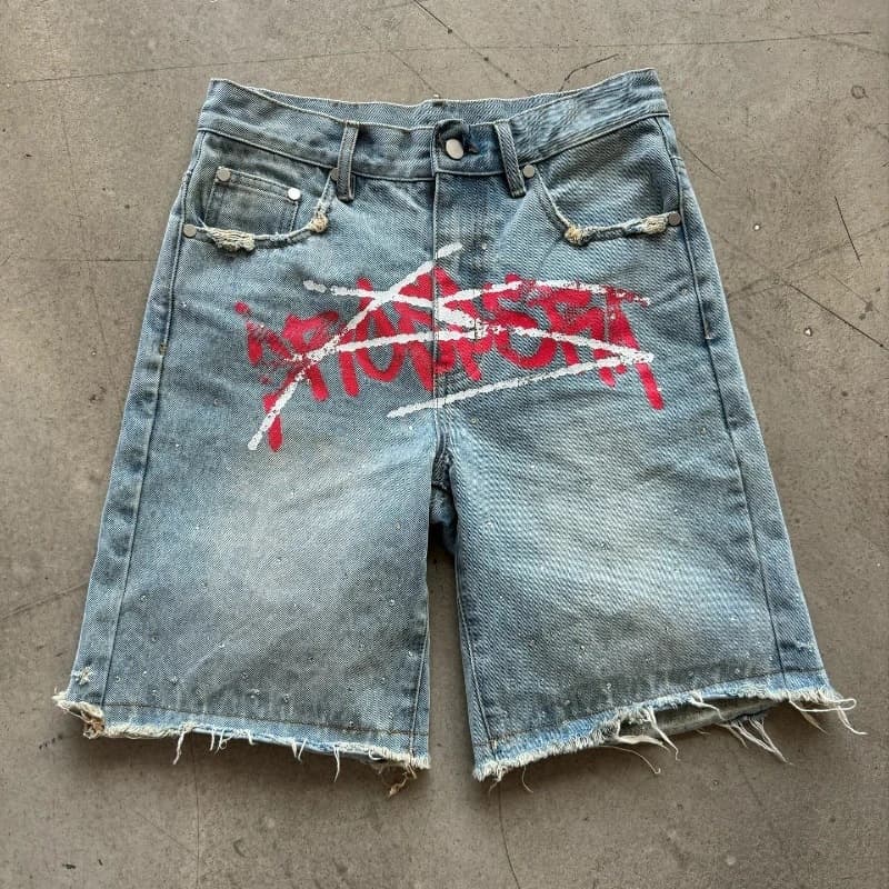 Cross-border Trend Retro Hip-hop Street Y2K Graffiti Jorts Rhinestone Print Frayed Denim Shorts for Men