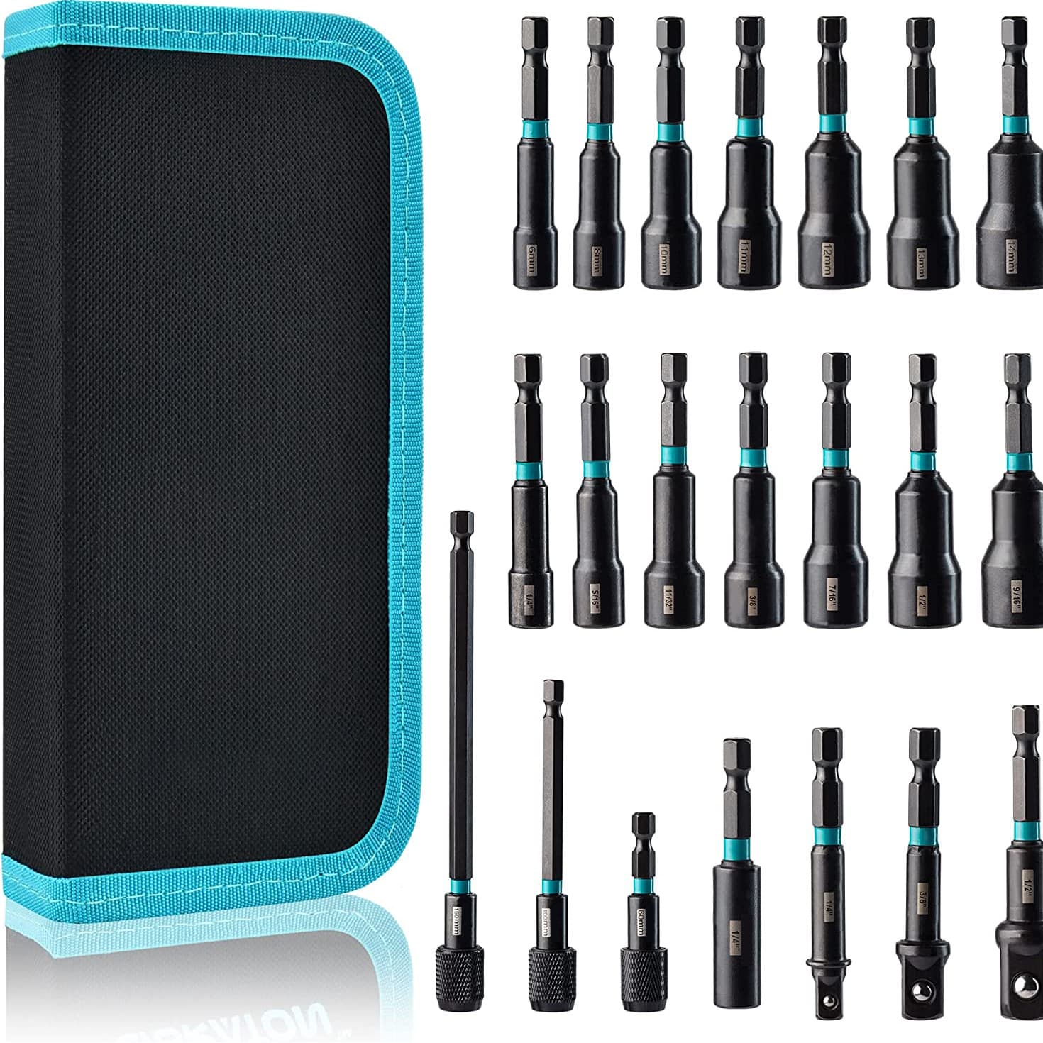 21PCS Magnetic Impact Driver Bit Set 1/4 Hex Pneumatic Screwdriver Socket Set Metric and Imperial Nut Driver Extended