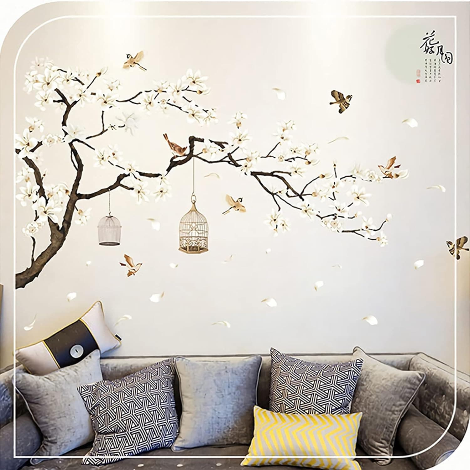 New Chinese Style Magnolia Bird Wall Decal for Living Room Sofa Background Wall Decoration, Self-Adhesive, Waterproof, Removable Wall Sticker Wholesale