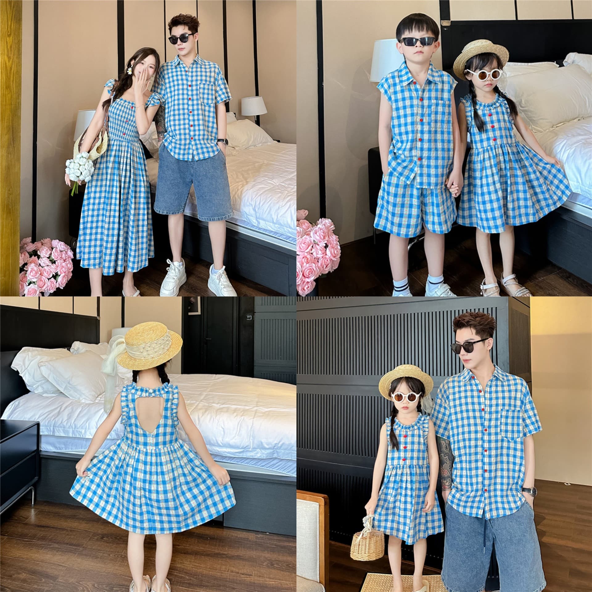 Korean-style Family Matching Dress Summer Plaid Vest Family Set for Four, Mother-Daughter Beach Vacation Dress