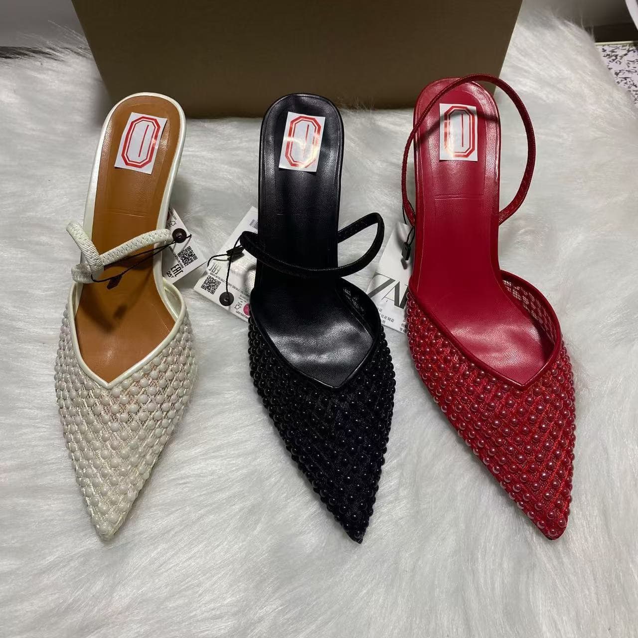 Za2025 Summer New Korean Style Red Mesh Beads Fashionable Versatile High Heels Pointed Toe Half-Slip Sandals