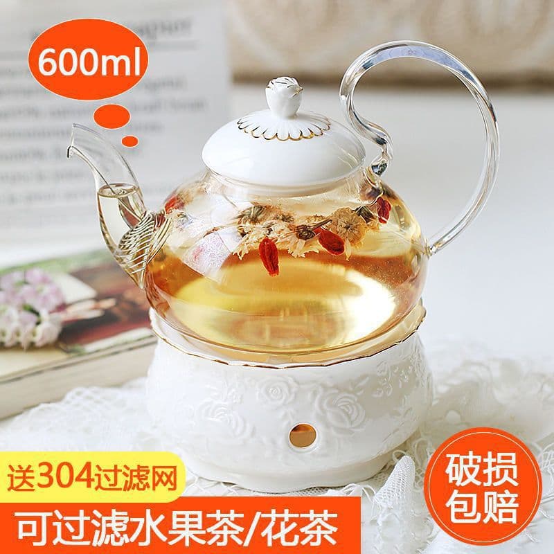 Fruit Tea English Tea Set Glass Teapot with Candle Warmer Base for Brewing Fruit Tea Afternoon Tea Set