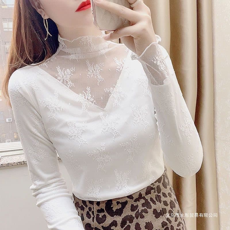 Fleece-lined High-neck Lace Undershirt Autumn Winter Fashionable Top for Sweater Layering White Mesh Top Trendy