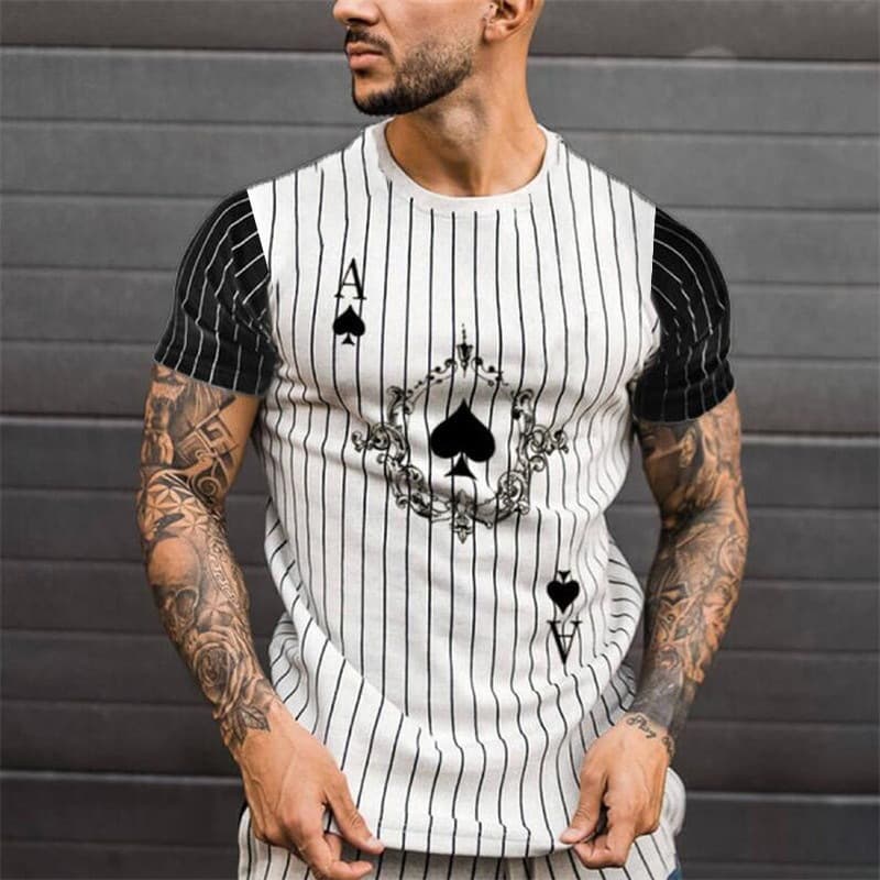Overseas Export Summer Men's Short Sleeve 2022 Men's Clothing Casual Spade Letter 3D Print Loose Vertical Stripes