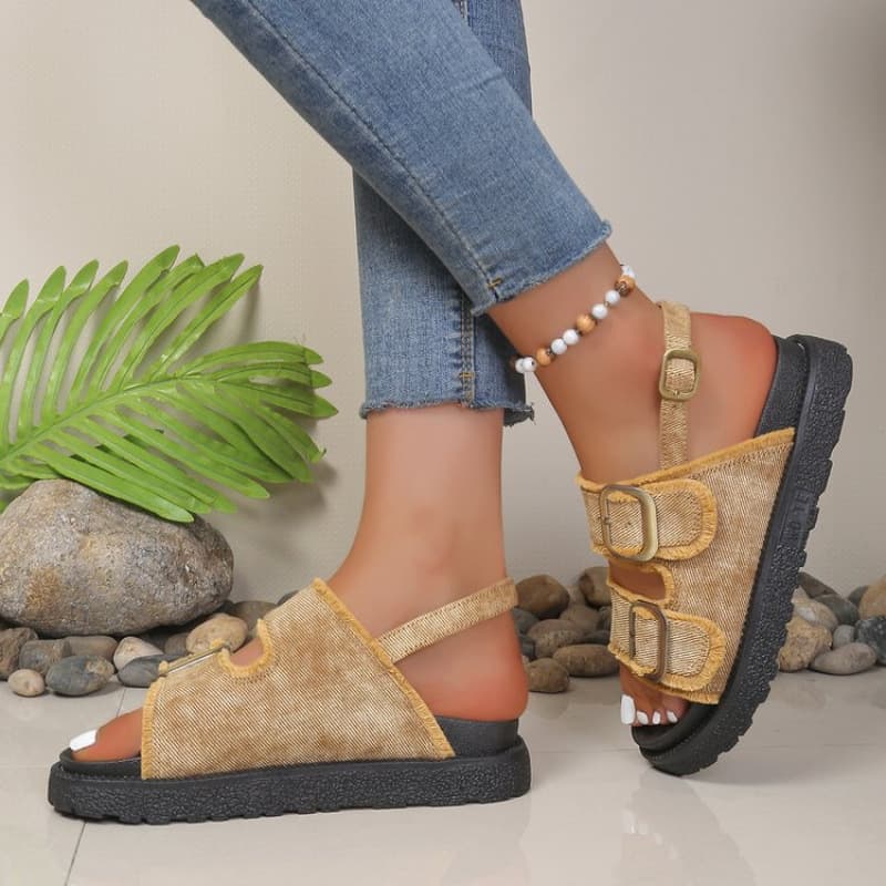 2026 New Denim Frayed Thick-Soled Sandals for Women, Double Buckle Open-Toe One-Strap Casual Versatile Outdoor Beach Shoes
