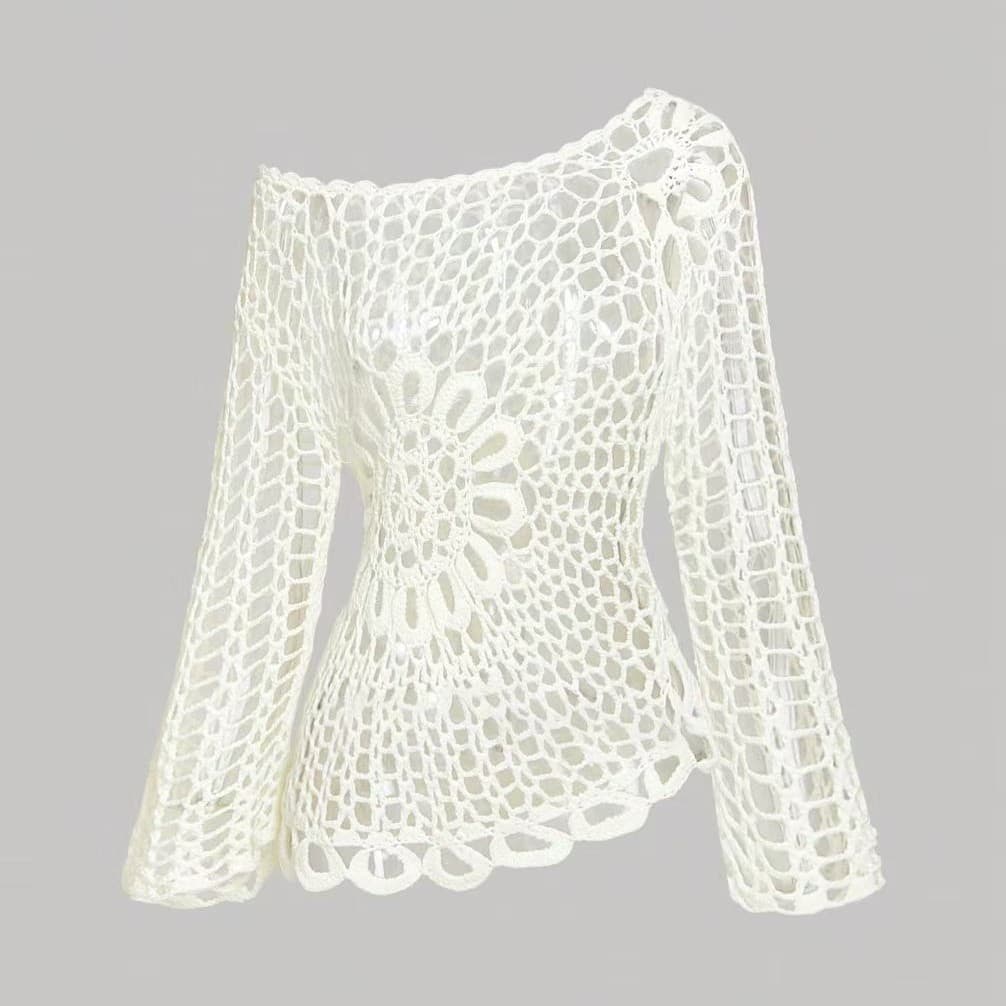 European and American Cross-Border Crochet Handmade Hollow Cardigan Women's Round Neck Long Sleeve Waist-Tightening Slimming Cardigan Unique and Chic Top