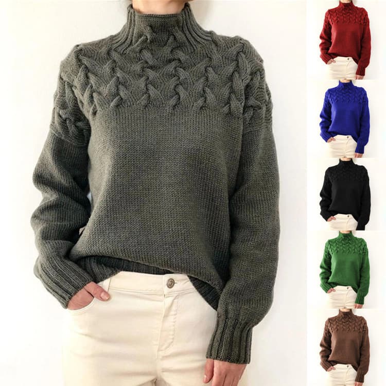 European and American Cross-Border Autumn and Winter New Knitwear Amazon Loose Large Size Solid Color Pullover Half Turtleneck Cable Knit Sweater for Women