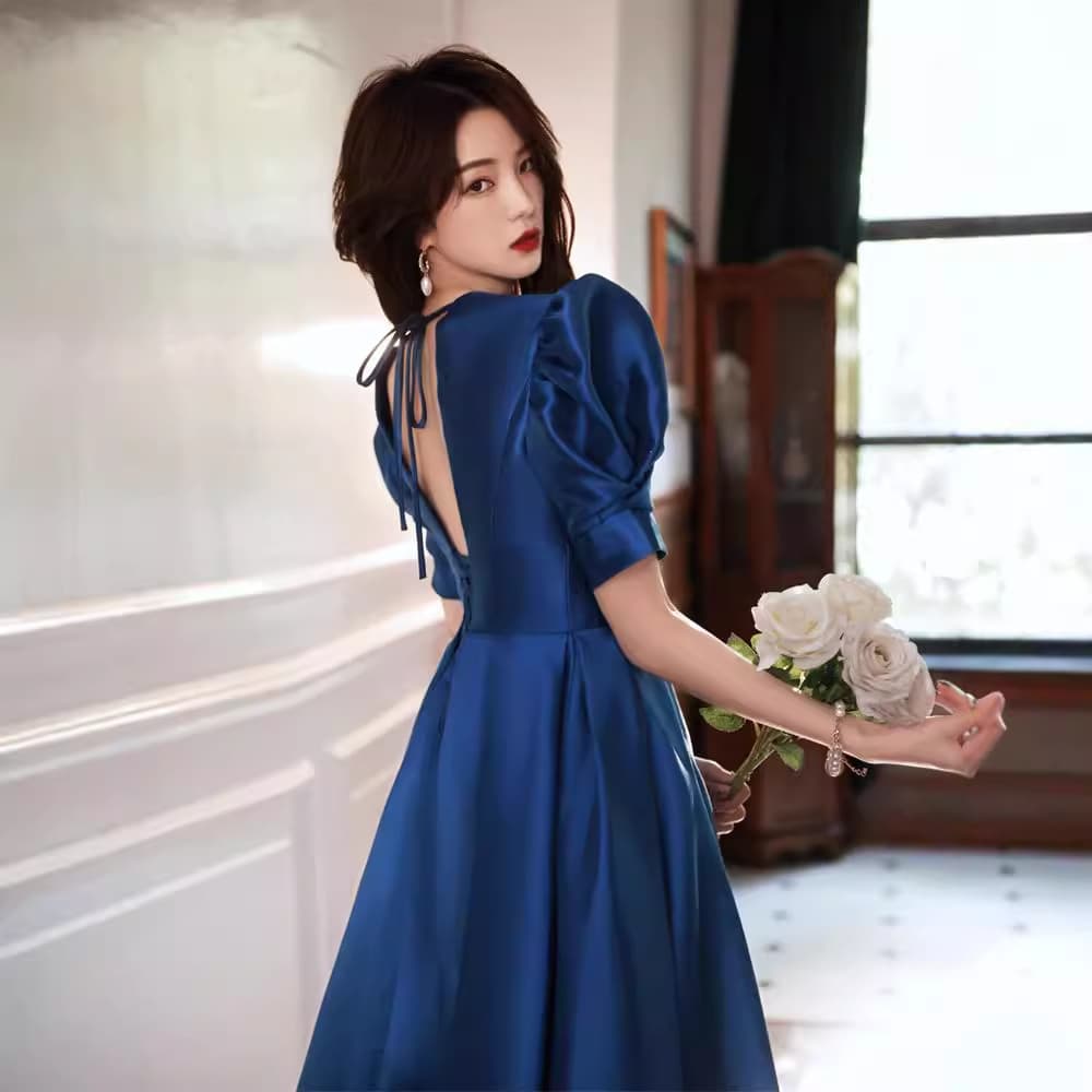 Blue high-end evening dress women's satin annual meeting banquet elegant lady French high-quality host dress