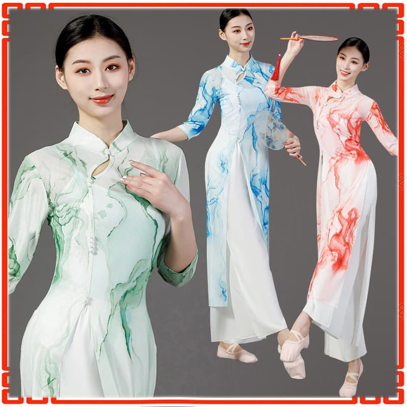 Spring and Summer New Classical Dance Ethnic Dance Cheongsam Body Performance Practice Dance Mesh Dress Women's Set