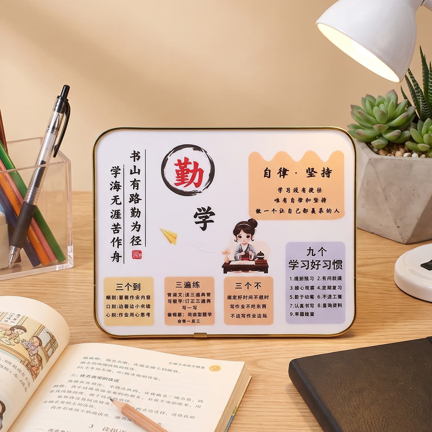 Children's study self-discipline inspirational ornaments learning is hard, perseverance is cool motivational photo frame desk desktop decoration painting