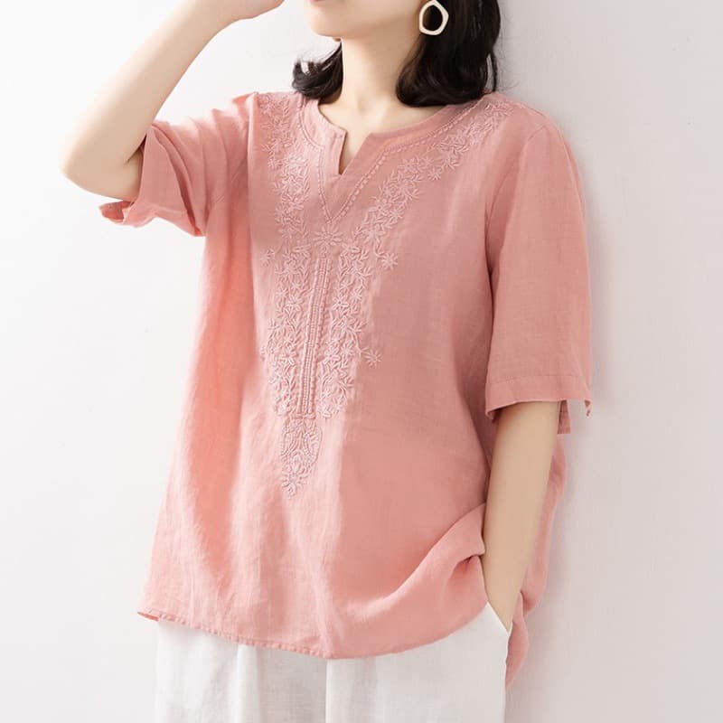 Pure Cotton V-Neck Summer New Linen Blouse Women's Loose Embroidered Short Sleeve T-Shirt Top