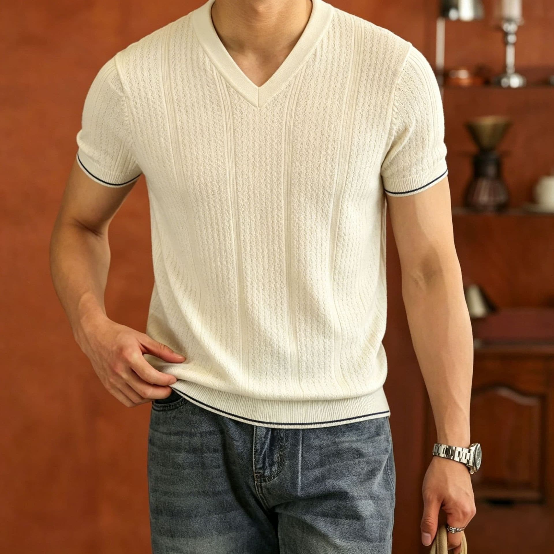 Summer new sweater short-sleeved men's V-neck solid color hollow fashion casual Korean style slim half-sleeved top
