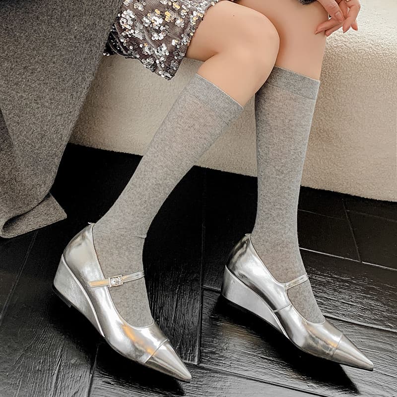 5cm Wedge Heel Genuine Leather French Vintage Silver Pointed Toe High Heel Mary Jane Shoes for Women