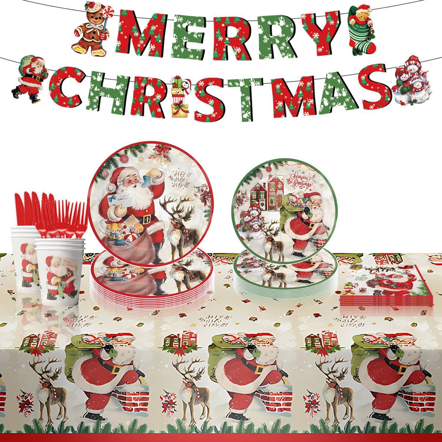 Christmas Themed Holiday Party Disposable Paper Plates, Paper Cups, Flags, Cake Toppers, Balloon Set, Decoration Supplies