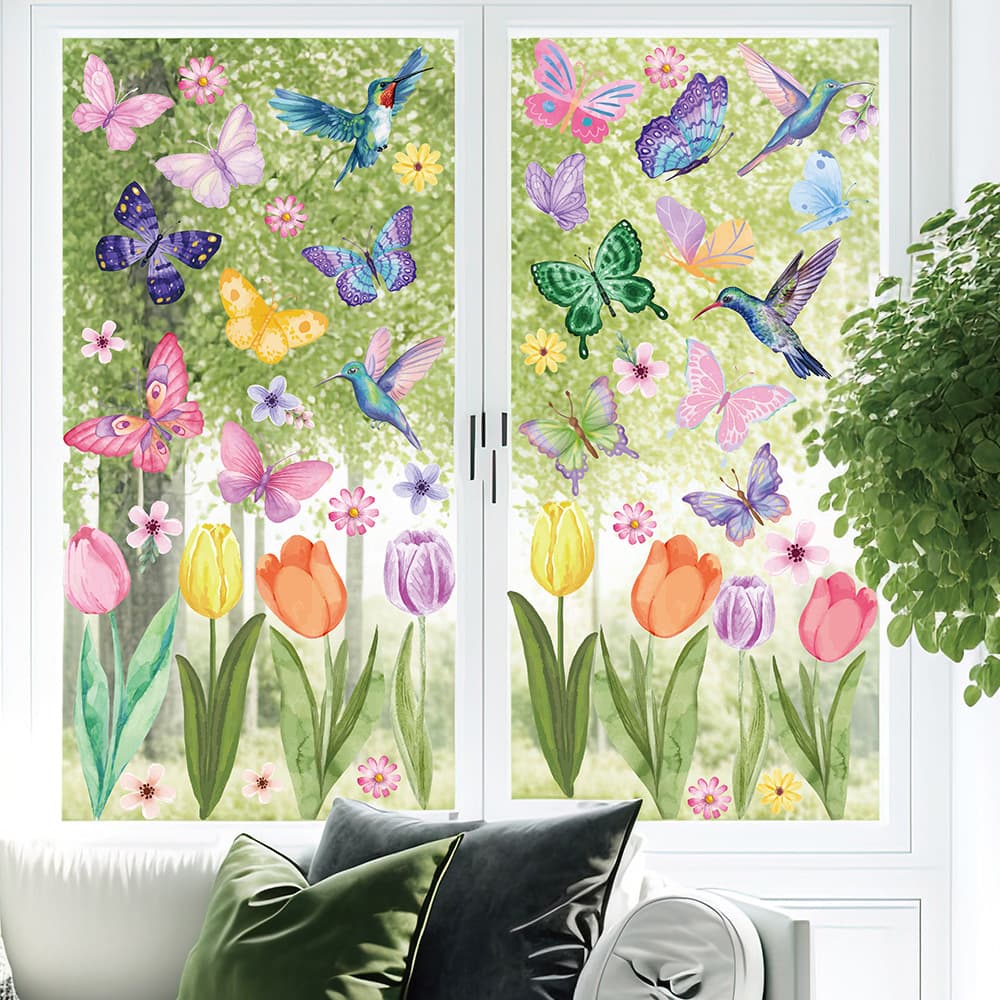 Spring Season Floral Butterfly Hummingbird Home Living Room Decoration Double-sided Printed Electrostatic Spring Window Stickers