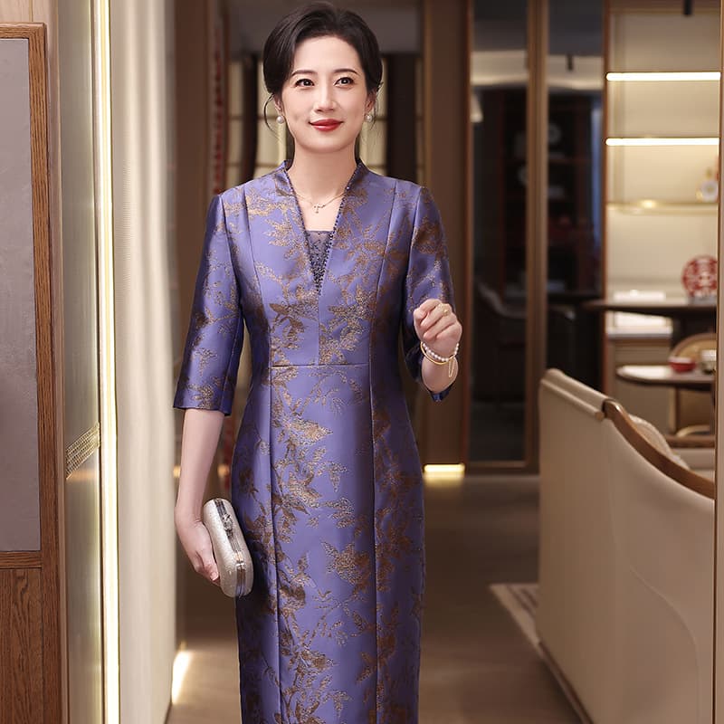 New plus-size modified wedding banquet dress, grandma's cheongsam dress, waist-cinching, slimming stretch dress set 928