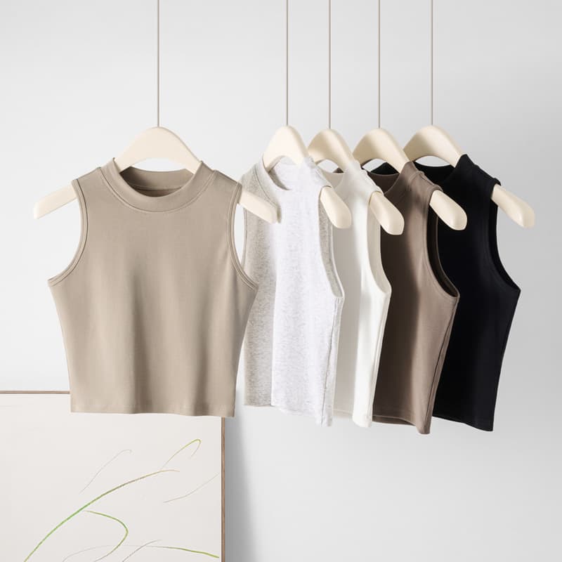 Short Round Neck Vest Women's Spring Summer Slim Fit Belly Baring Sleeveless Top Underwear T-Shirt Casual Style Cotton Blend