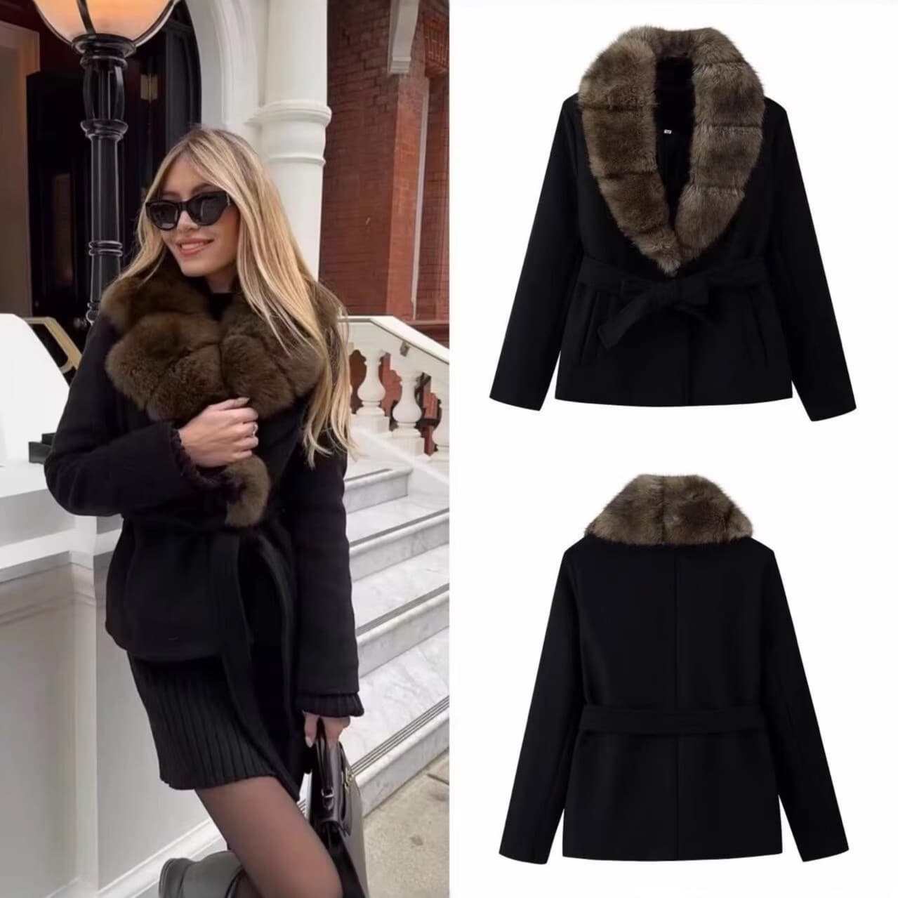 European and American Style Cross-border Trade Women's Winter New Fashion Fur Collar Waist-tied Wool Coat