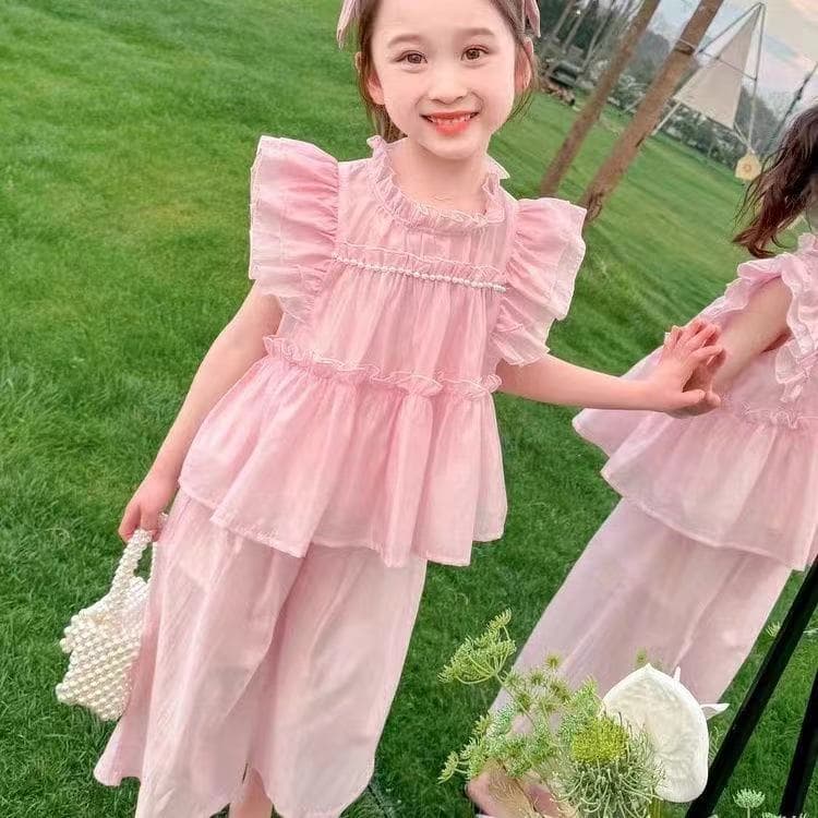 Girls Summer Suit 2024 New Children's Fungus Short Sleeve Korean Style Baby Girl Summer Wide Leg Pants Two-piece Set