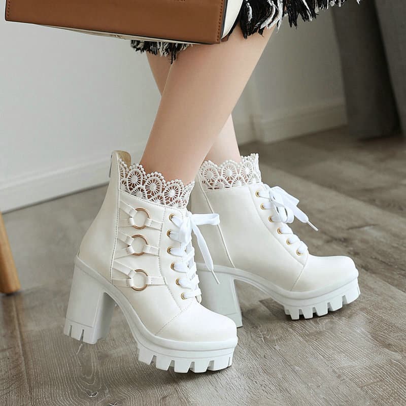Women's Short Ankle Boots for Spring, Autumn, and Winter, Ultra-High Chunky Heel Lace-Up Martin Boots, British Style Short Boots, White, Large Size