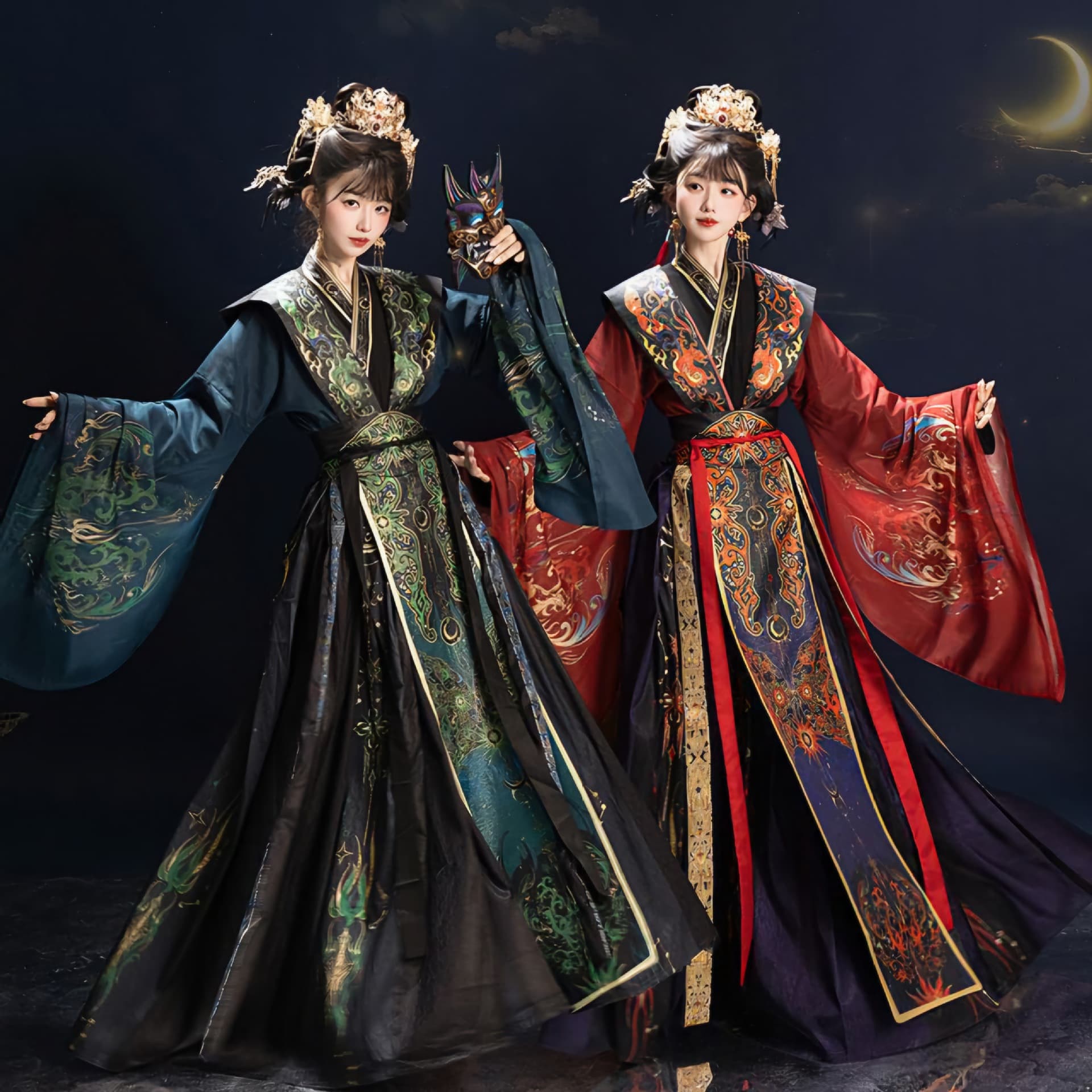 Original Hanfu Women's Dark Green and Dark Red Deep Color Film and Stage Performance Set, Ancient Costume with Exotic Style Travel Photo Set