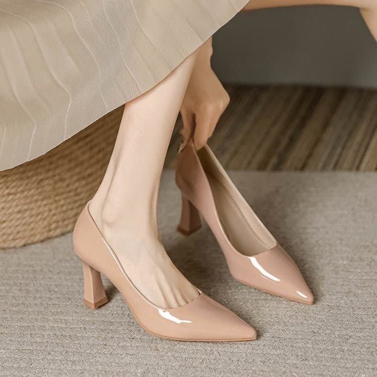 Nude Pointed Toe Chunky Heel High Heels Women 2024 New Soft Leather with Dress Professional Commute Single Shoes Comfortable