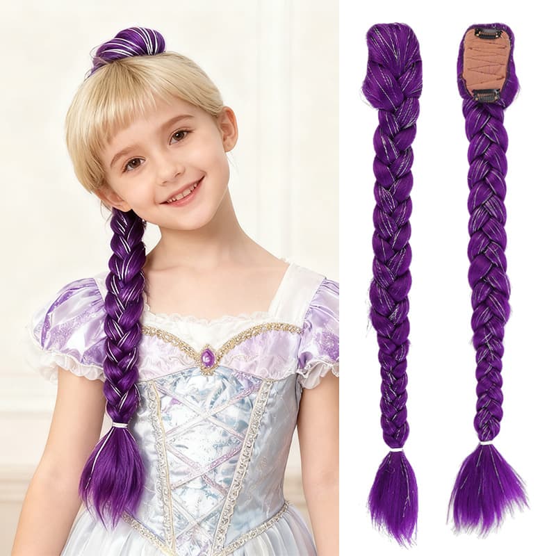 Hunting Girls' Wig Ponytail with Silver Strands and Colorful Purple Braids, Children's Bb Clip Style High Ponytail Hair Accessories Wholesale