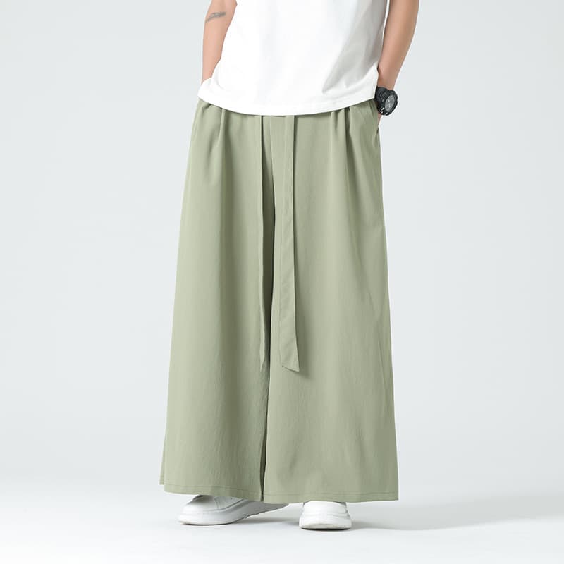 Men's Japanese Wide-Leg Pants, Summer Thin Ice Silk Draped Pants, Loose Chinese-Style Drawstring Casual Flared Trousers