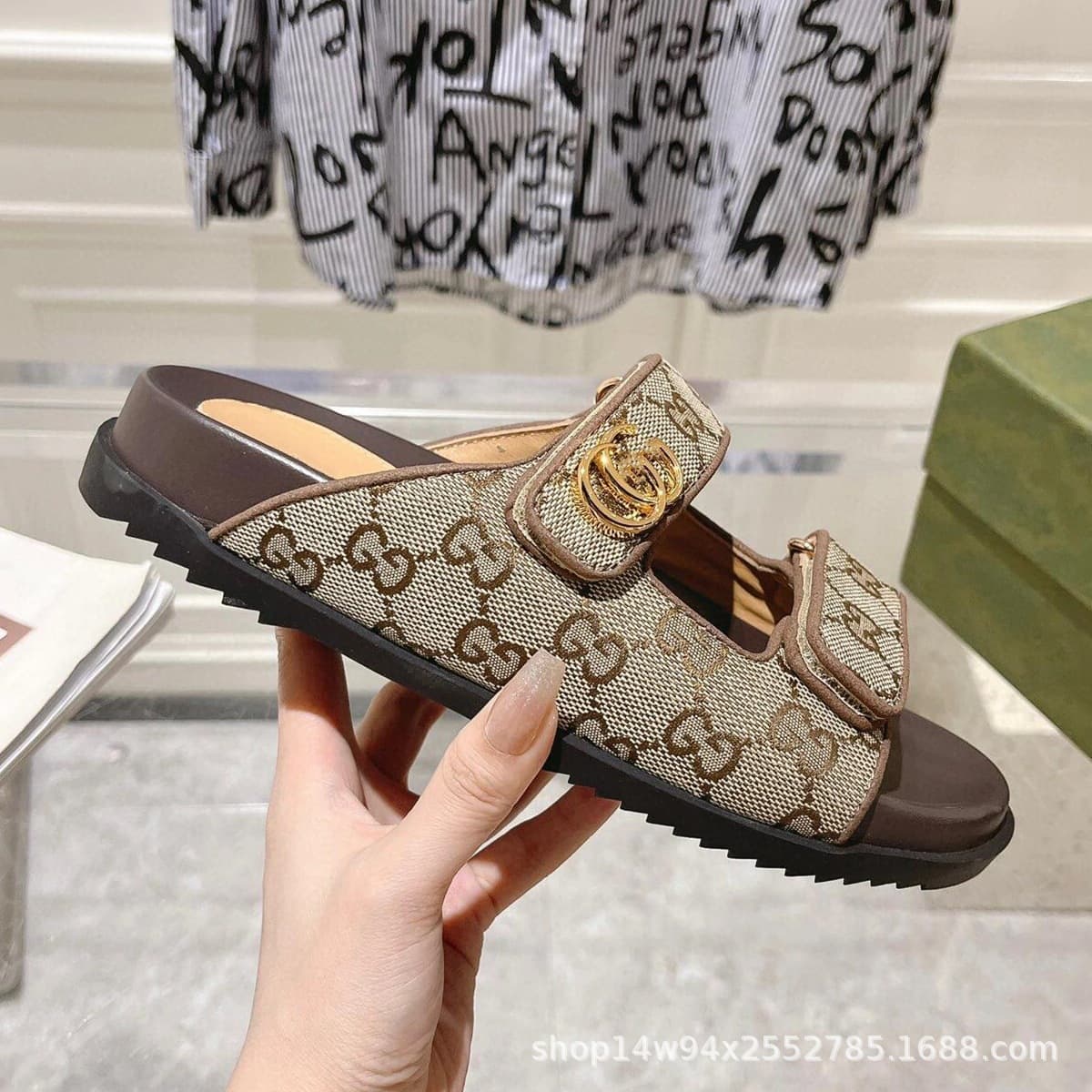 G 2026 Women's Sandals Thick Sole Velcro Flat Slides Roman Export Half Slippers Breathable Comfortable Rhinestone