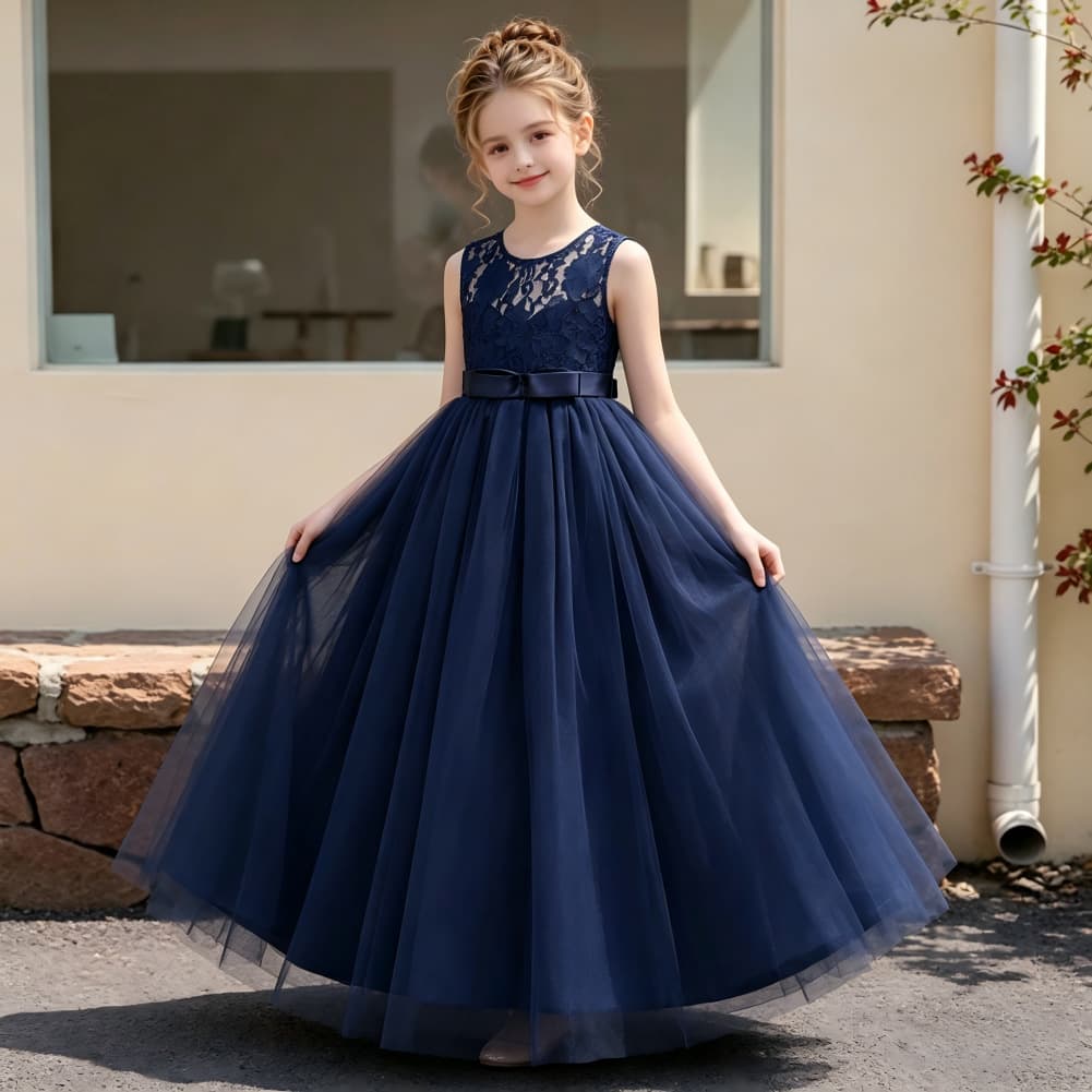 Princess Style Sleeveless Lace Skirt Children's Dress European Style Girls' Wedding Dress Net Gown for Ages 8 And Above