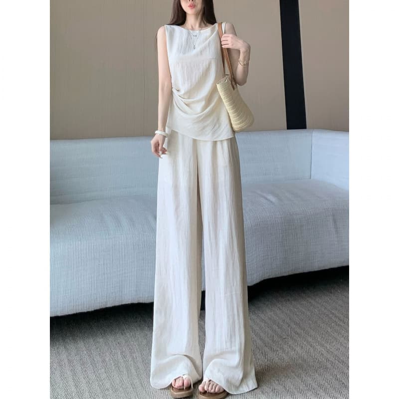Premium Old Money Style Linen Shirt Set for Women Summer Sleeveless Top Cotton Linen Wide-Leg Pants Casual Fashion Two-Piece Set