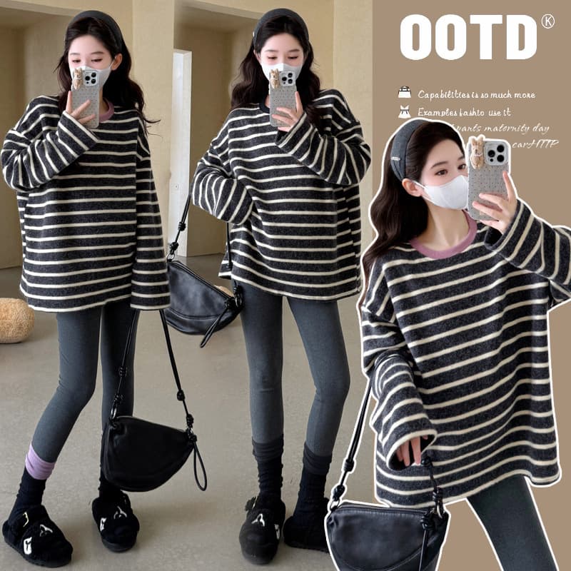 Real photos of in-stock 2025 maternity striped long-sleeved brushed color-block loose-fitting pullover T-shirt top to cover the belly.