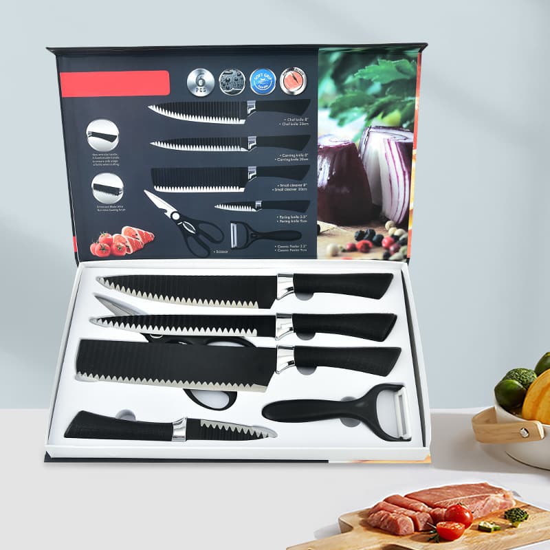 Ready stock black wave six-piece set 238A, kitchen stainless steel knife set with colorful gift box, business gift knife set.