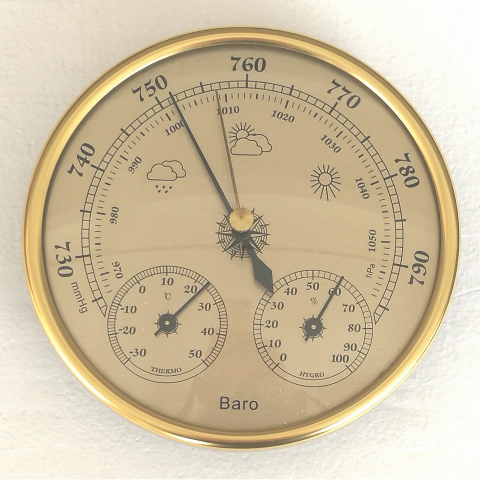 THB9392G-12.8CM Gold Ring Gold Face 3-in-1 Weather Station (Thermometer, Hygrometer, Barometer)