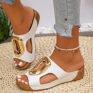 Southeast Asia Cross-border Plus Size Women's Sandals Hollow Buckle Thick Sole Slippers Metal Buckle Open Toe Wedge Heel Slides
