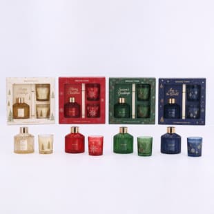 Cross-border Foreign Trade Wholesale Christmas Scented Candle Gift Box Vertical Grain Glass Bottle Flameless Reed Diffuser Double Candle Set Holiday