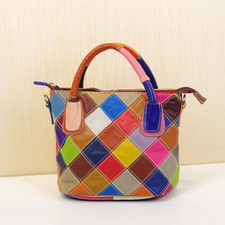 Genuine leather women's bag crossbody bag design women's handbag color contrast plaid bucket bag cowhide shoulder bag for women