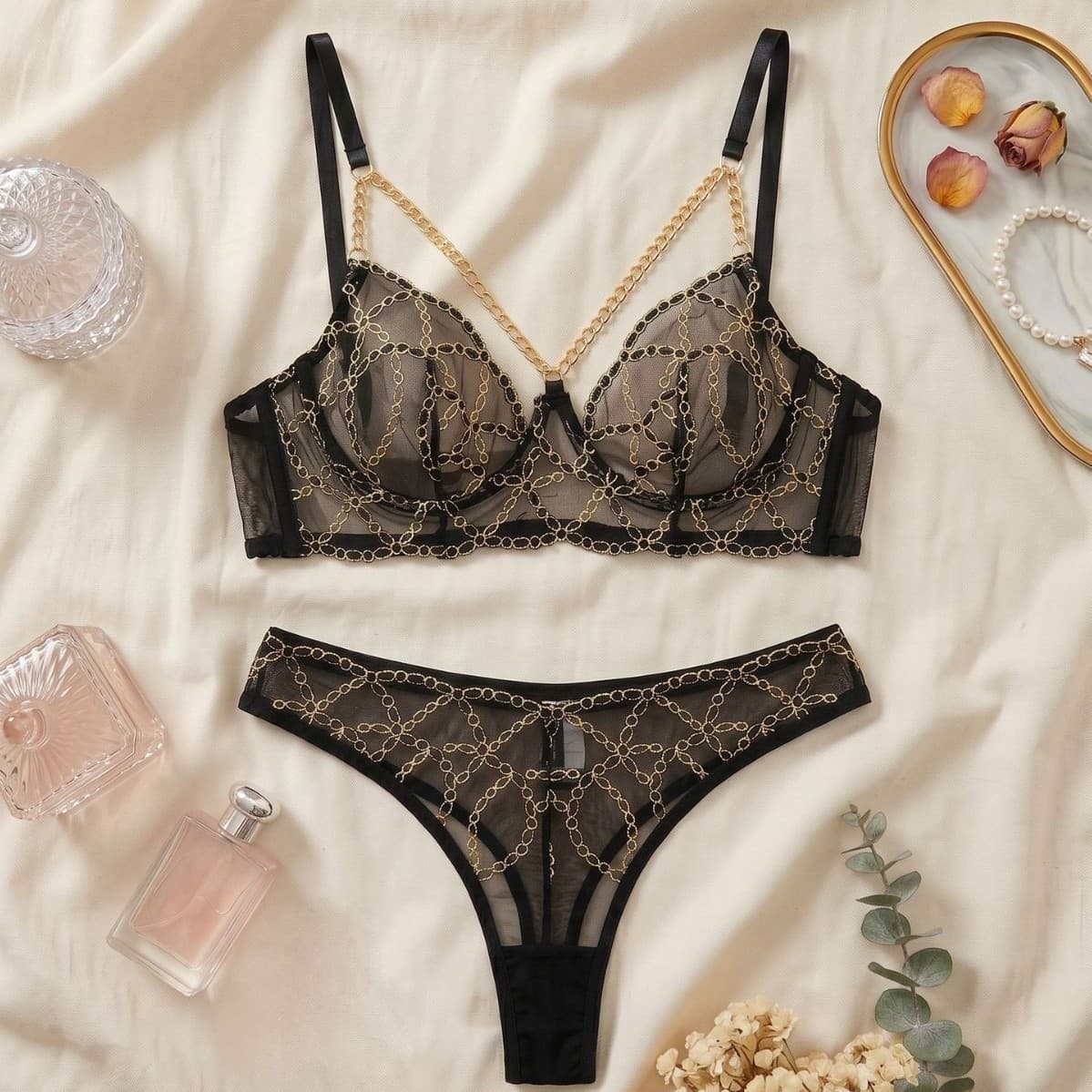 Cross-border European and American Sexy Lingerie Set Mesh Sheer Pure Desire Push Up Bra Lace Flirting Sexy Lingerie