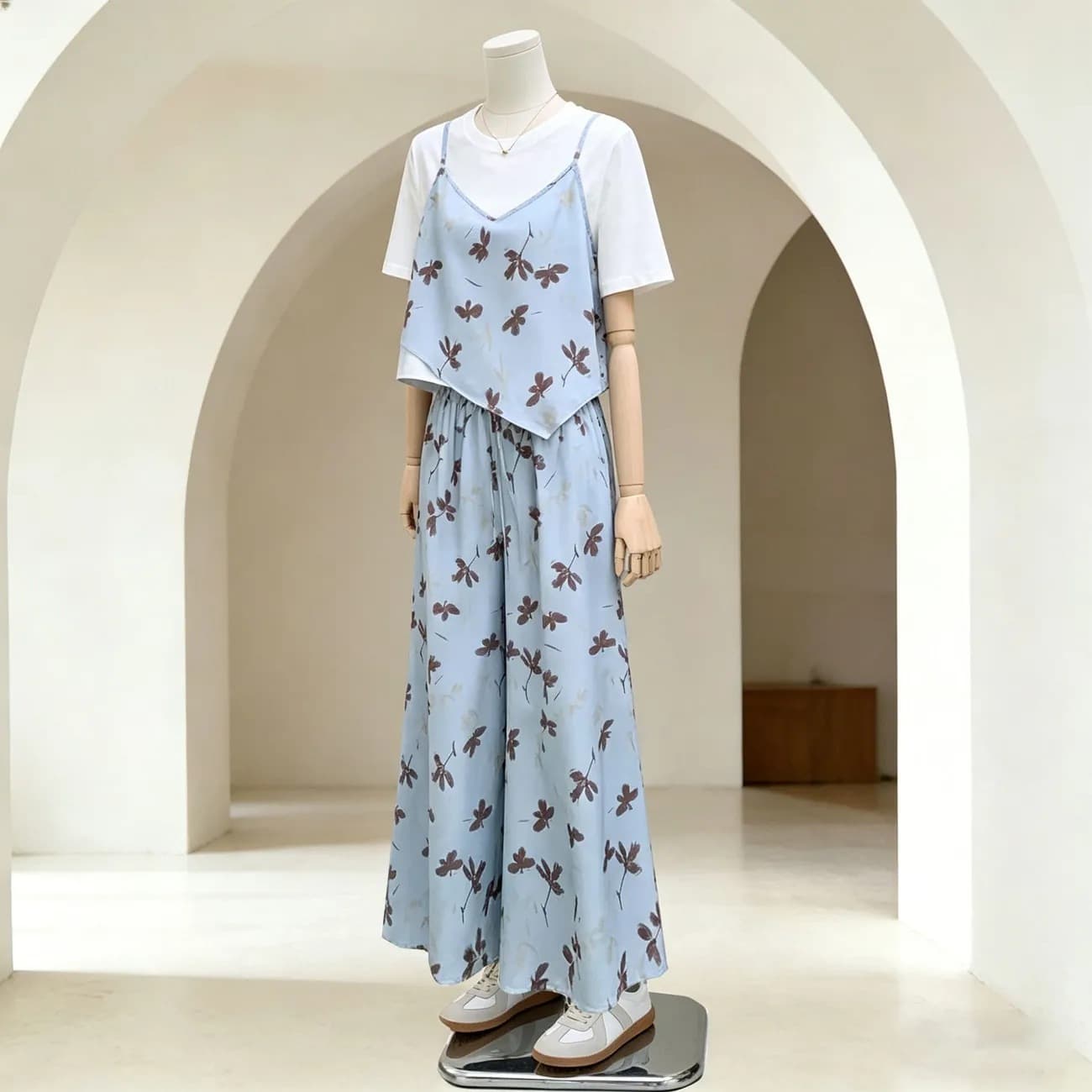 Color-Block Faux Two-Piece Floral T-Shirt Set for Women 2026 Summer New Design Casual Wide-Leg Pants Two-Piece Set